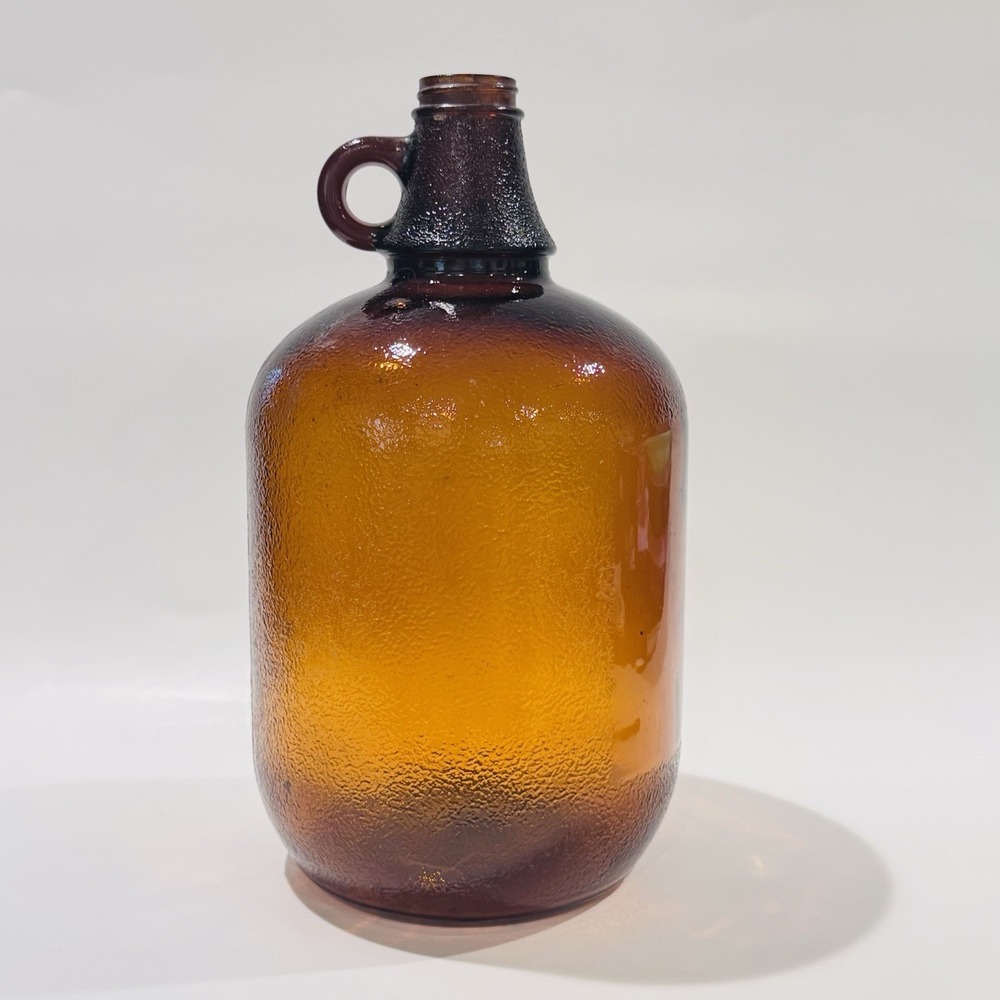Vintage One Gallon Brown Glass Jug W Handle & Clear Panel For Advertising Label
